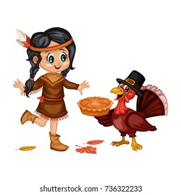 Cartoon Vector Illustration of a Thanksgiving Scene. American Indian Girl and a Turkey Wearing a Pilgrim Hat and Holding a Thanksgiving Pie