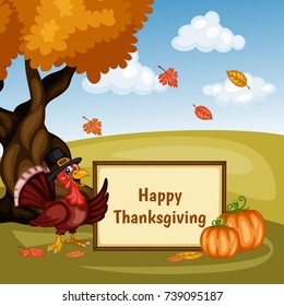 Cartoon Vector Illustration of a Thanksgiving Scene. A Turkey Wearing a Pilgrim Hat with a Text Placeholder on a Fall Background