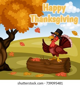 Cartoon Vector Illustration of a Thanksgiving Scene. A Turkey Wearing a Pilgrim Hat on a Fall Background
