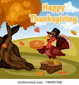 Cartoon Vector Illustration Thanksgiving Scene  A Turkey Wearing Pilgrim Hat   Holding Thanksgiving Pie Fall Background