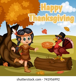 Cartoon Vector Illustration of a Thanksgiving Scene. American Indian Girl and a Turkey Wearing a Pilgrim Hat and Holding a Thanksgiving Pie on a Fall Background