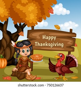 Cartoon Vector Illustration of a Thanksgiving Scene. American Indian Girl Holding a Thanksgiving Pie and a Turkey Wearing a Pilgrim Hat and on a Fall Background