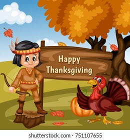 Cartoon Vector Illustration of a Thanksgiving Scene Autumn Background with a Native American Indian Boy