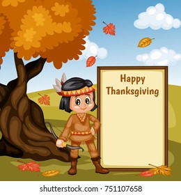 Cartoon Vector Illustration of a Thanksgiving Scene Autumn Background with a Native American Indian Boy