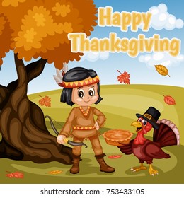 Cartoon Vector Illustration of a Thanksgiving Scene Autumn Background with a Native American Indian Boy