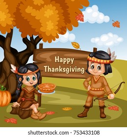 Cartoon Vector Illustration of a Thanksgiving Scene Autumn Background with a Native American Indian Boy