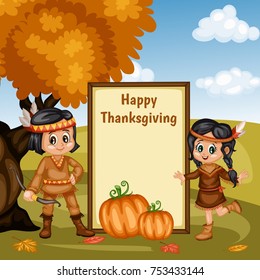 Cartoon Vector Illustration of a Thanksgiving Scene Autumn Background with a Native American Indian Boy