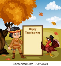 Cartoon Vector Illustration of a Thanksgiving Scene. Autumn Background with a Native American Indian Boy and Turkey with Pilgrim Hat