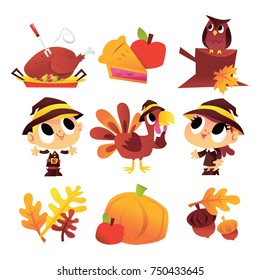 A cartoon vector illustration of thanksgiving theme fall set with cute kids dressed as pilgrims, turkey and thanksgiving design elements.