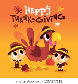 A cartoon vector illustration of thanksgiving turkey and pilgrim friends with holiday greeting phrase.