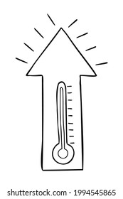 Ilustración vectorial de dibujos animados del termómetro, alta temperatura del aire y flecha arriba. Color blanco y negro delineado.