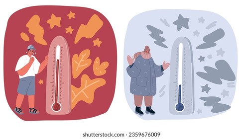 Cartoon vector illustration thermometer for testing the temperature of people. Freeze and Hot over dark backround