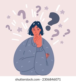 Cartoon vector illustration of Thinking girl. Beautiful face, doubts, problems, thoughts, emotions. Curious woman questioning, question mark.