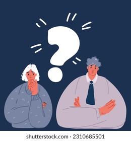 Cartoon vector illustration of Thinking young men and women. Puzzled and confused people with a question mark over dark background