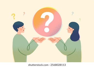 Cartoon vector illustration of Thinking young men and women. Puzzled and confused people with a question mark.
