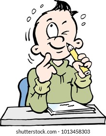 Cartoon Vector illustration of a thoughtful School Boy