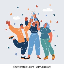 Cartoon vector illustration of thre people with champagne to celebrate