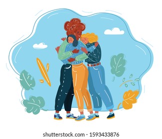 Cartoon vector illustration of three best friends girls posing together. Woman friendship on blue.