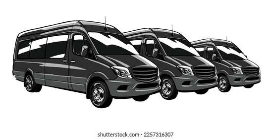 cartoon vector illustration of three black vans parked at an angle. used for traveling, road trip, offroad, transportation company