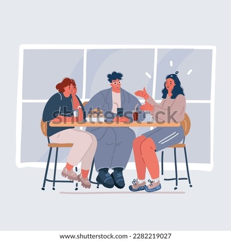 Cartoon vector illustration of three cheerful friends chatting while lunch in restaurant, caffee