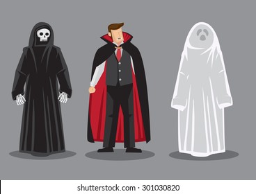 Cartoon vector illustration of three fantasy horror characters, death, dracula and white ghost isolated on grey background.