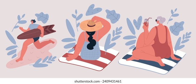 Cartoon vector illustration of Three female characters on the beach. Women resting on the beach Set. Woman run with board for surfing, man sitting on beach with coctail and wearing hat. Rear view.