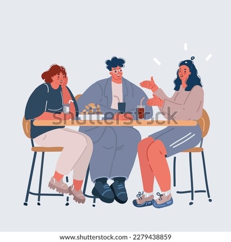 Cartoon vector illustration of Three friends or coworkers sitting together at the table in cafe and talking each other.