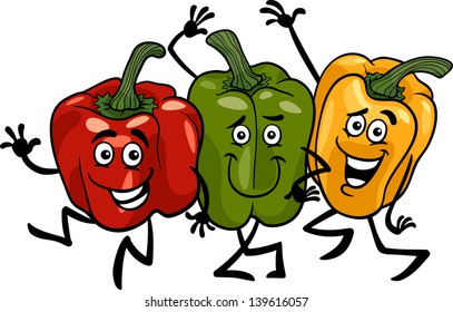 Cartoon Vector Illustration of Three Funny Red, Green and Yellow Peppers Vegetables Food Characters Group