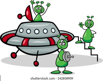 Cartoon Vector Illustration of Three Funny Aliens or Martians Comic Characters with Ufo or Spaceship