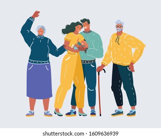 Cartoon vector illustration of three generation of happy family on white. Happy family of posing together. Father, mother, grandfather and grandmother with son.