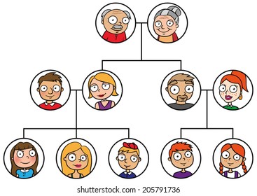 Cartoon vector illustration of three generation family tree