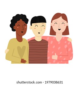 Cartoon vector illustration of three happy friends. Group of young smiling women and man. Hand drawn friendship concept. Cheerful african and caucasian people, flat portrait design isolated on white