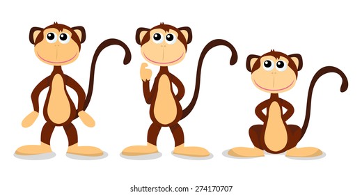 A cartoon vector illustration of three monkey poses from standing to sitting.