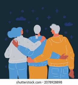 Cartoon vector illustration of three people rear view. Men and women together on dark backround.