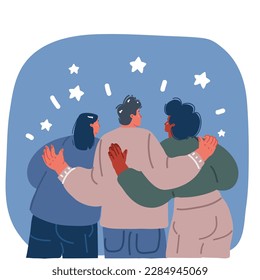 Cartoon vector illustration of three people rear view. Men and women together o