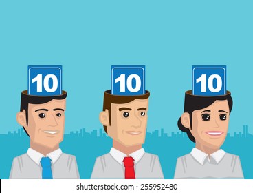 Cartoon vector illustration three people with score cards showing ten in their heads.