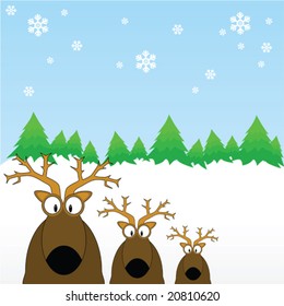 Cartoon vector illustration of three reindeers out on a field on a snowy day