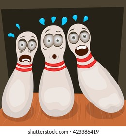 Cartoon vector illustration of three scared bowling pins.