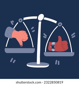 Cartoon vector illustration of Thumb up and down on scales over dark background