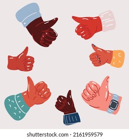 Cartoon vector illustration of thumb up hands .Approval of various people