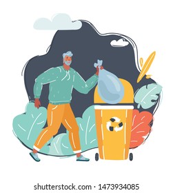 Cartoon vector illustration of Tidy man. Hold litter throw trashcan.