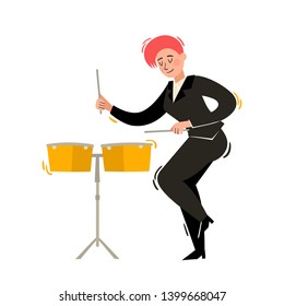 Cartoon vector illustration of timbales player isolated on white. European female musician playing jazz, soul or blues. Full height portrait of woman used for music poster, magazine.