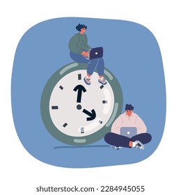 Ilustración vectorial de caricatura del concepto de manejo del tiempo. Mujeres y hombres están trabajando en una laptop. Falta de tiempo en un reloj gigante.