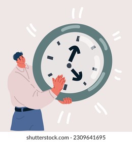 Cartoon, Vektorgrafik von Time Management Erfolgreiche Person. Der Mensch arbeitet hart und macht viel. Geschäftsmann hält eine große Uhr.