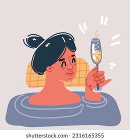 Cartoon vector illustration of time for me, woman taking a bath in bathtub with glass of wine or champagne. Close up view face