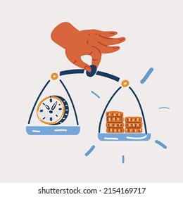 Cartoon vector illustration of time and money on scales in hand.