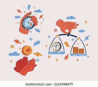 Cartoon vector illustration of Time is a money concept collection. Scales, money, stopwach and clock and hands