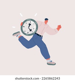 Cartoon vector illustration of Time is money concept .Businessman running with big clock in his hand