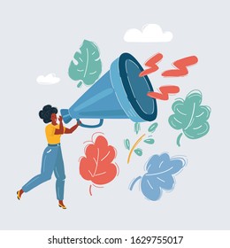 Cartoon vector illustration of tiny Afro woman with big megaphone on white background.