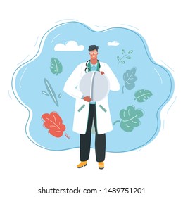 Cartoon vector illustration of tiny doctor, he has big pill
